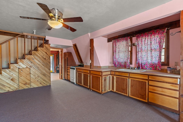 bar with wooden walls, sink, dark carpet, stainless steel gas range, and a textured ceiling