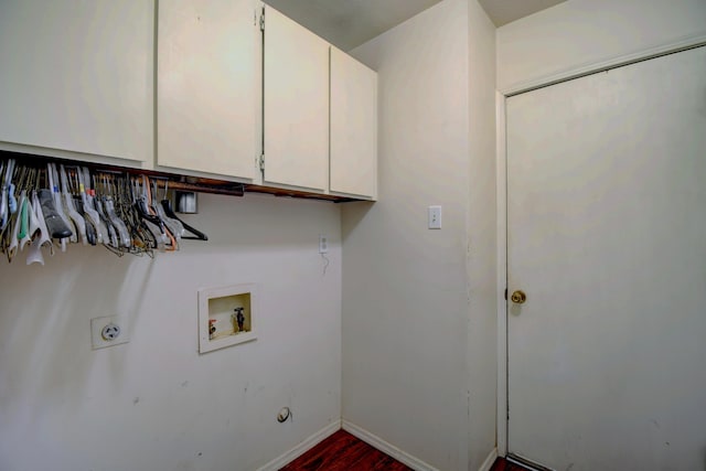 laundry room with washer hookup, dark hardwood / wood-style flooring, cabinets, and hookup for an electric dryer