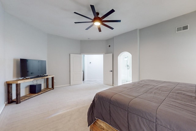 carpeted bedroom featuring ceiling fan