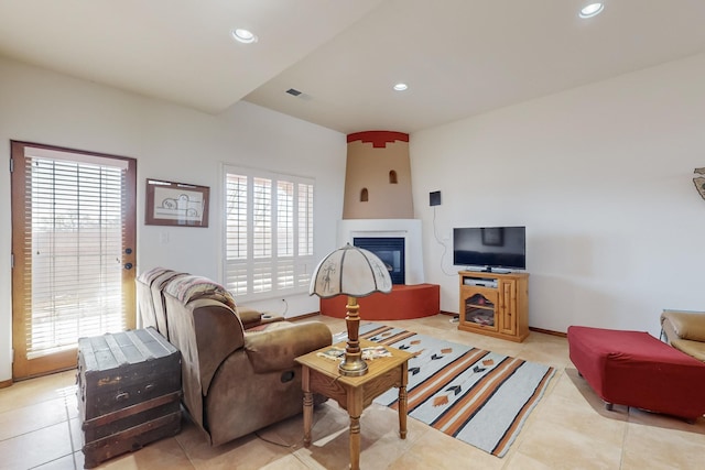 living room with light tile patterned floors