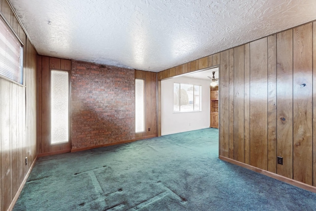 unfurnished room with wood walls, a textured ceiling, and carpet