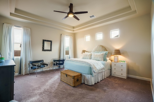 bedroom featuring a tray ceiling, carpet floors, and multiple windows