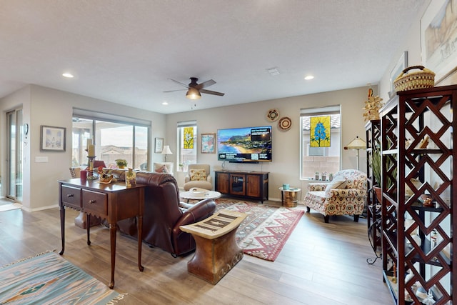 living room with ceiling fan, a healthy amount of sunlight, and light hardwood / wood-style floors