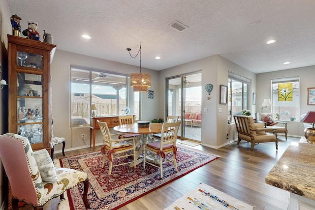 dining space featuring hardwood / wood-style flooring, a healthy amount of sunlight, and a textured ceiling