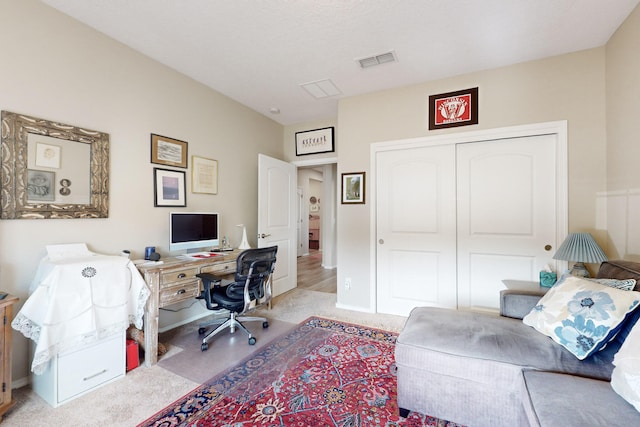 view of carpeted home office