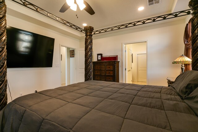 bedroom with ceiling fan, visible vents, and recessed lighting