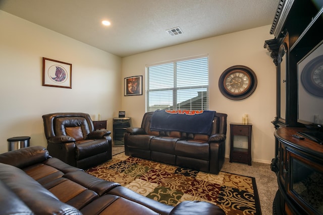 carpeted living area featuring baseboards, visible vents, and a textured ceiling