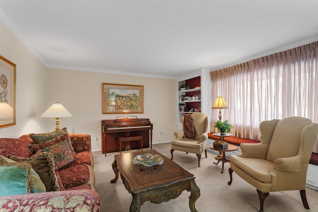 living room with ornamental molding and light carpet