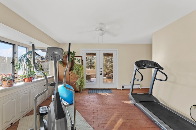 workout area with french doors, a baseboard radiator, and ceiling fan