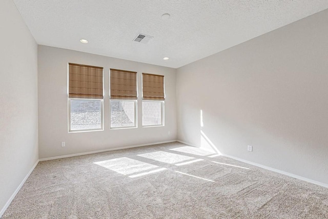 spare room featuring light carpet and a textured ceiling