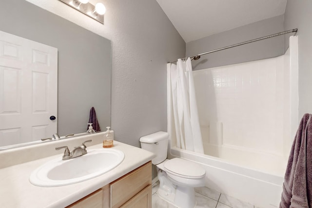 full bathroom with vanity, shower / tub combo with curtain, tile patterned floors, and toilet