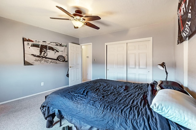 bedroom featuring ceiling fan and a closet