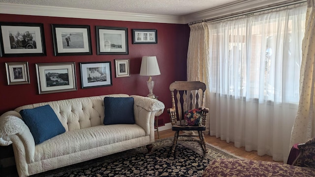 sitting room featuring crown molding, wood-type flooring, and a textured ceiling