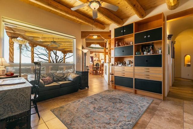 6816 Nagoya Rd NE, Rio Rancho, NM 87144 - tiled living room featuring beamed ceiling, ceiling fan, and wooden ceiling