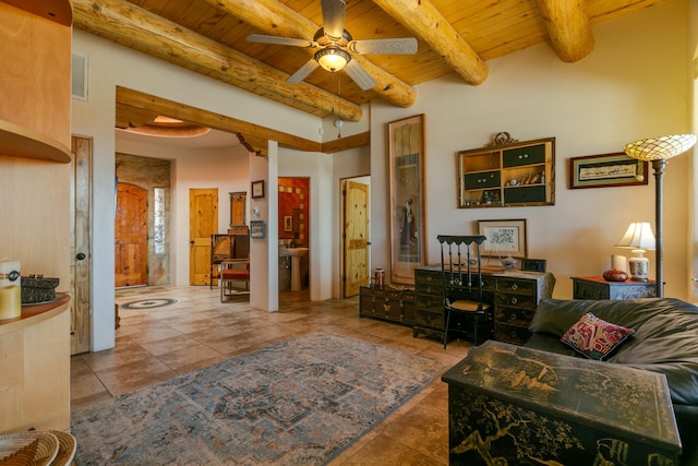 6816 Nagoya Rd NE, Rio Rancho, NM 87144 - sitting room with ceiling fan, tile patterned floors, wooden ceiling, and beamed ceiling