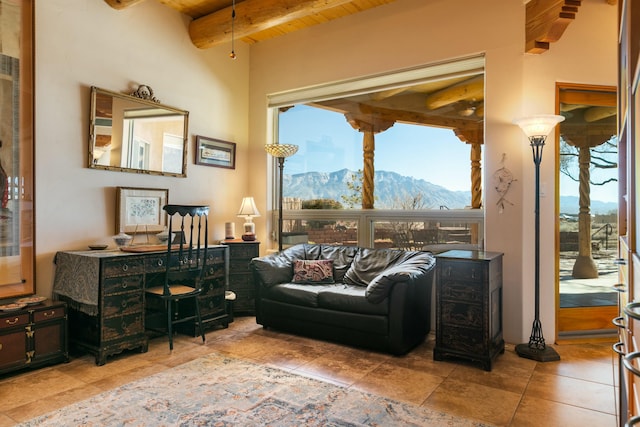 6816 Nagoya Rd NE, Rio Rancho, NM 87144 - interior space with beamed ceiling, a mountain view, and wooden ceiling