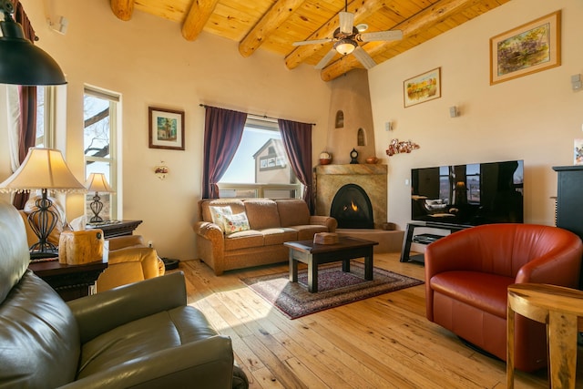 6816 Nagoya Rd NE, Rio Rancho, NM 87144 - living room with wood ceiling, ceiling fan, beam ceiling, and light wood-type flooring