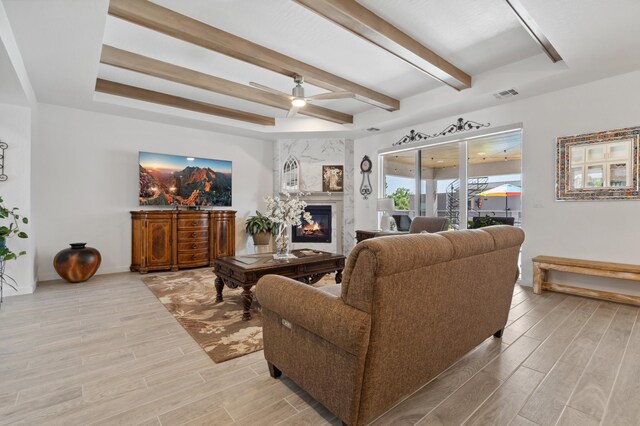 70 Camino De Claudio, Corrales, NM 87048 - living room with beamed ceiling, wood finish floors, a ceiling fan, visible vents, and a premium fireplace