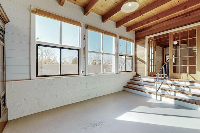 interior space featuring wood ceiling and beam ceiling