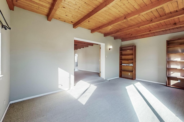 unfurnished living room with carpet flooring, wooden ceiling, and beam ceiling