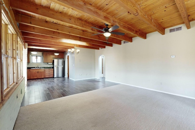 unfurnished living room with sink, dark colored carpet, wood ceiling, beamed ceiling, and ceiling fan with notable chandelier