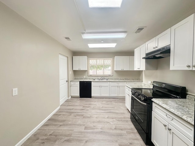 kitchen with visible vents, white cabinets, a sink, under cabinet range hood, and black appliances