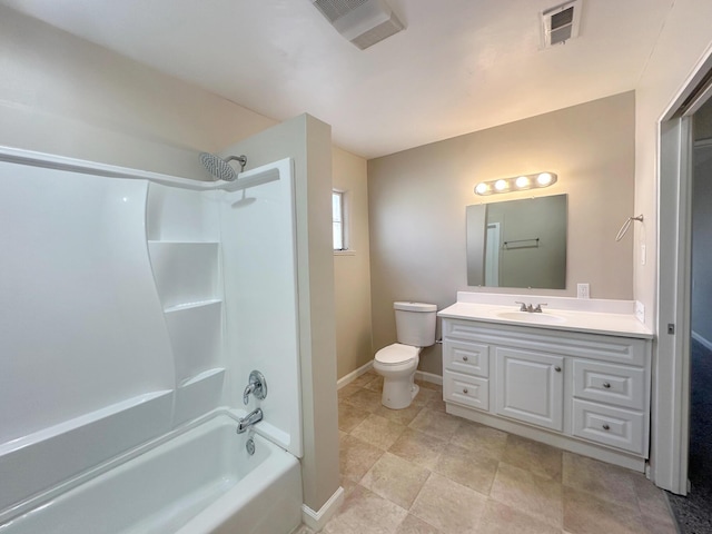 full bath with bathing tub / shower combination, visible vents, toilet, vanity, and baseboards