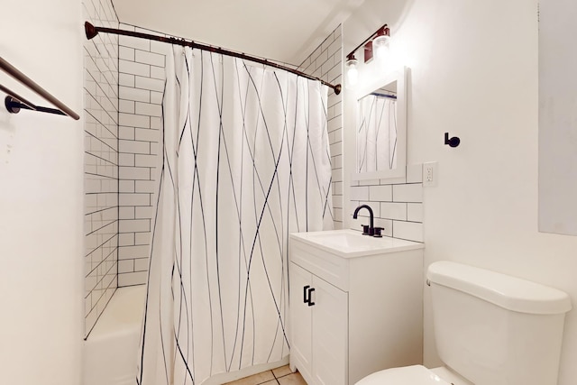 full bathroom featuring vanity, tile patterned flooring, shower / bath combination with curtain, and toilet