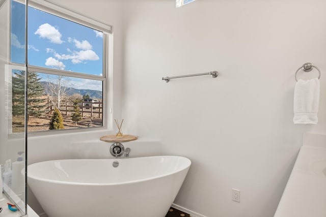 bathroom featuring a bath and a mountain view