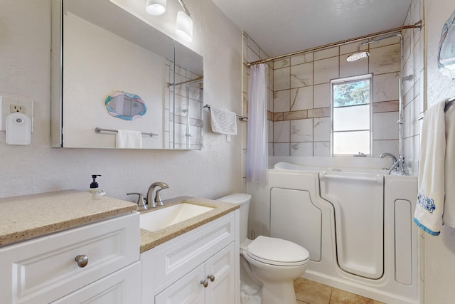 full bathroom with vanity, tile patterned floors, shower with separate bathtub, and toilet