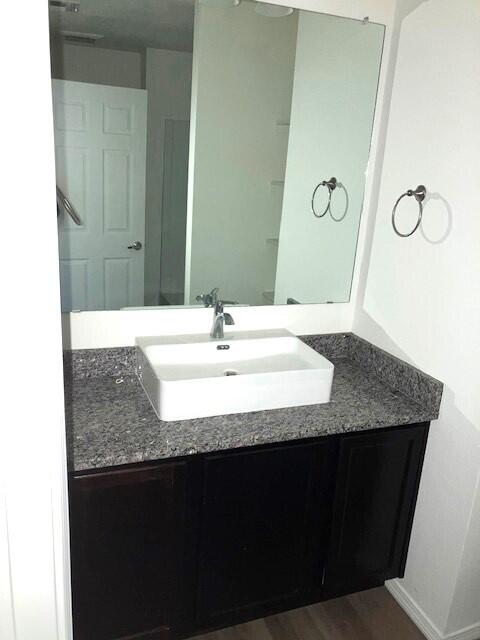 bathroom featuring vanity and wood-type flooring