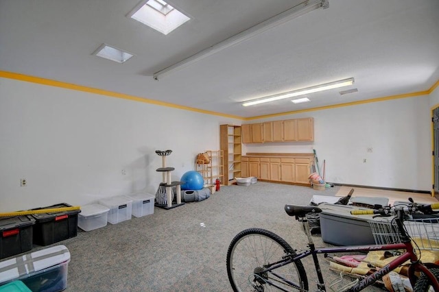 interior space featuring light carpet and crown molding