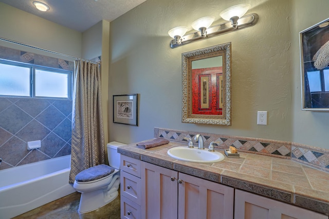 full bathroom with shower / bathtub combination with curtain, vanity, and toilet