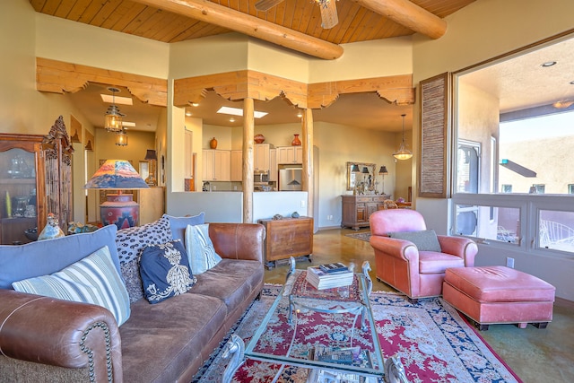 living room featuring wooden ceiling and beamed ceiling