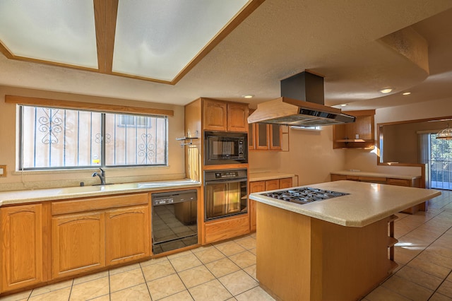 kitchen with sink, island exhaust hood, a center island, light tile patterned floors, and black appliances