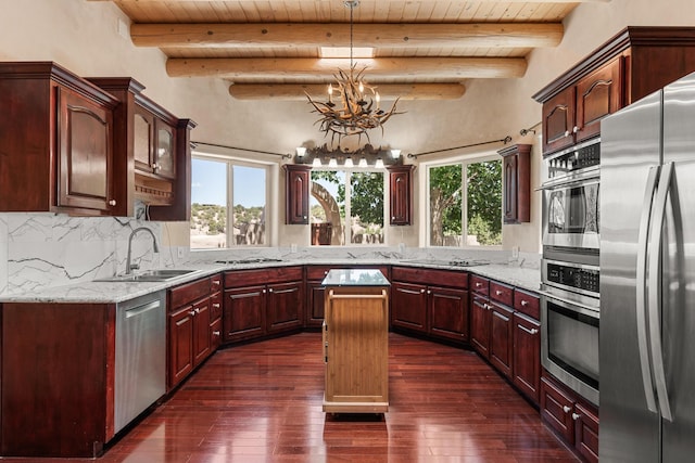 22 Del Charro Rd, Lamy, NM 87540 - kitchen with stainless steel appliances, sink, pendant lighting, and wood ceiling