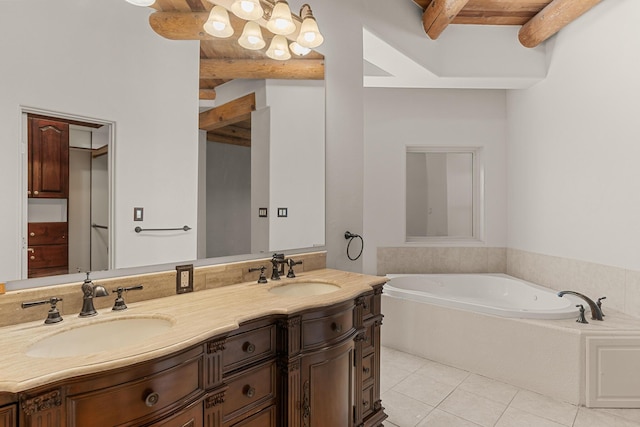 22 Del Charro Rd, Lamy, NM 87540 - bathroom featuring vanity, beam ceiling, tile patterned flooring, and a tub