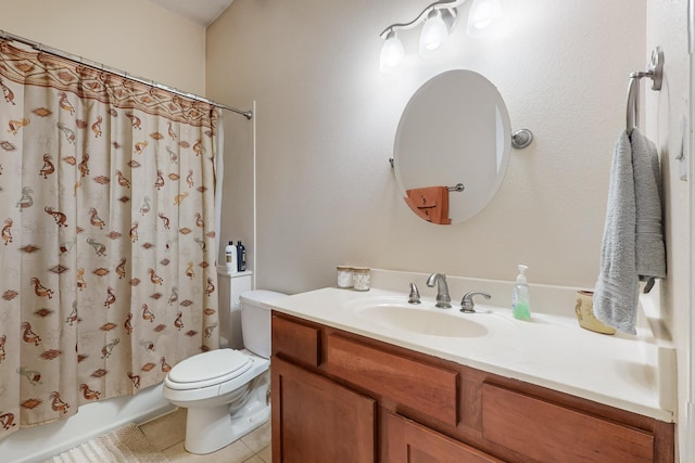 full bathroom with shower / bath combination with curtain, vanity, toilet, and tile patterned flooring