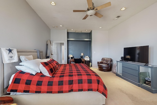 carpeted bedroom with ceiling fan