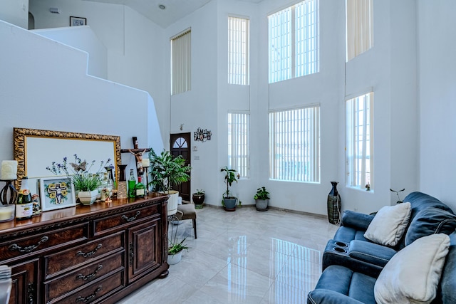 living room with a high ceiling