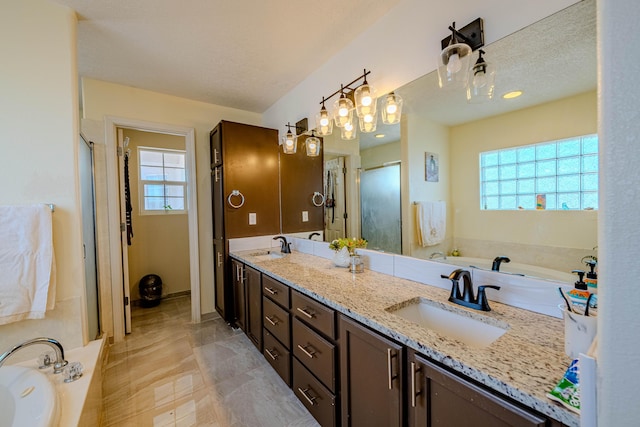 bathroom with independent shower and bath and vanity