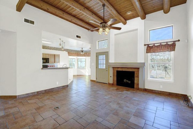 unfurnished living room with beamed ceiling, a healthy amount of sunlight, and wooden ceiling