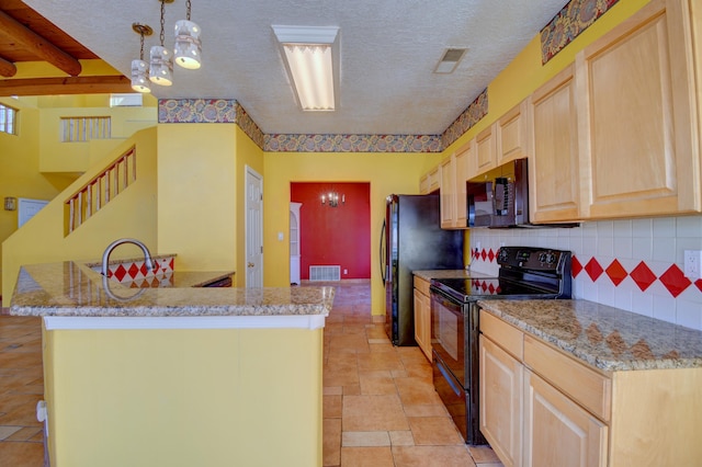 kitchen with pendant lighting, light brown cabinetry, backsplash, light stone counters, and black appliances