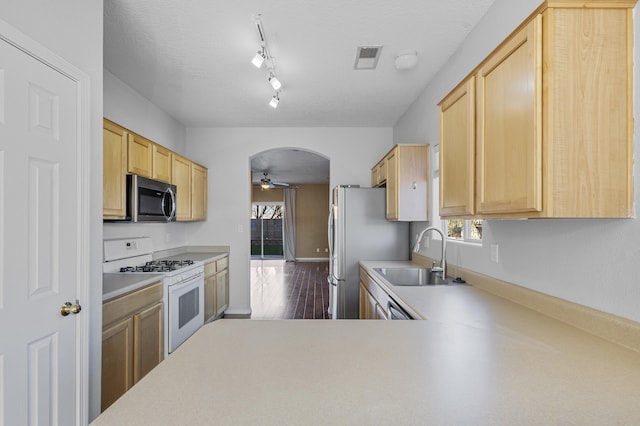 kitchen with sink, light brown cabinets, kitchen peninsula, and appliances with stainless steel finishes