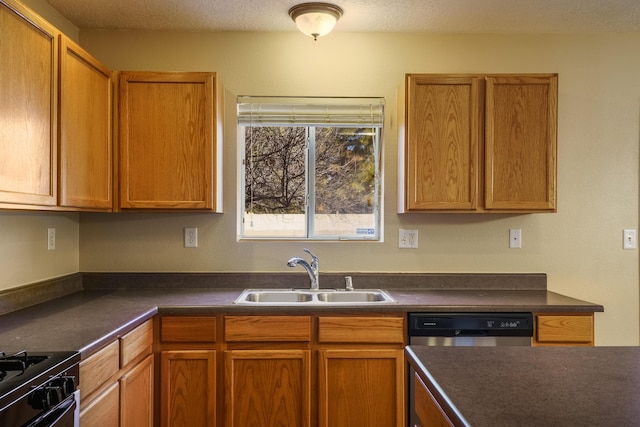 kitchen featuring sink, stainless steel dishwasher, gas stove, and a textured ceiling