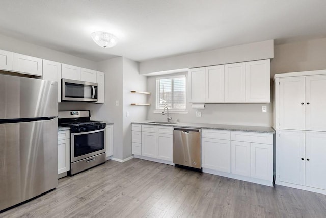 kitchen featuring appliances with stainless steel finishes, light wood-type flooring, a sink, and white cabinets