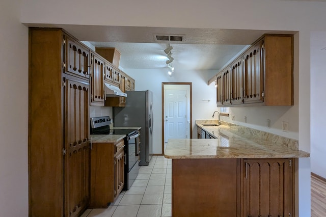 kitchen featuring sink, light stone counters, a textured ceiling, stainless steel electric stove, and kitchen peninsula