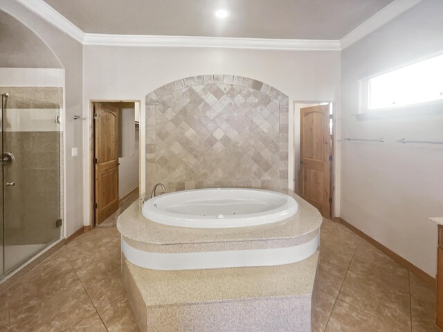 bathroom featuring ornamental molding, independent shower and bath, tile patterned flooring, and vanity