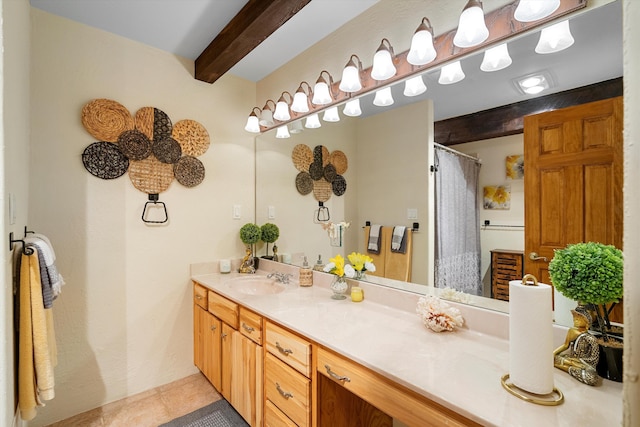 29 Sandia Ln, Placitas, NM 87043 - bathroom with tile patterned flooring, vanity, beam ceiling, and curtained shower