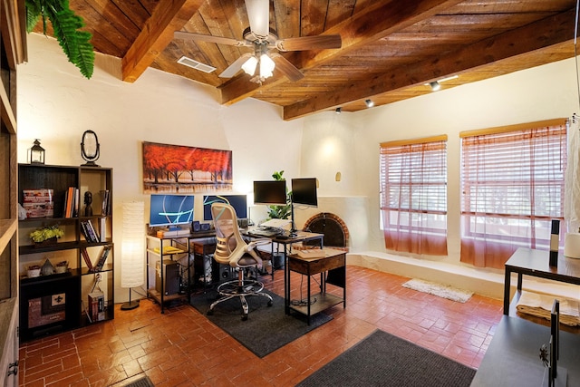 office space featuring wood ceiling, ceiling fan, and beam ceiling